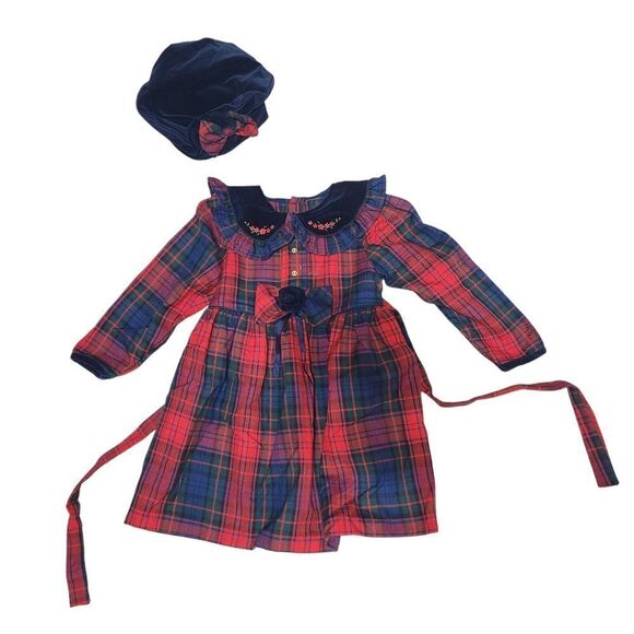 Baby Togs Dress and Hat Size 4T Blue Red Plaid Velvet Holiday Long Sleeve - Picture 1 of 7